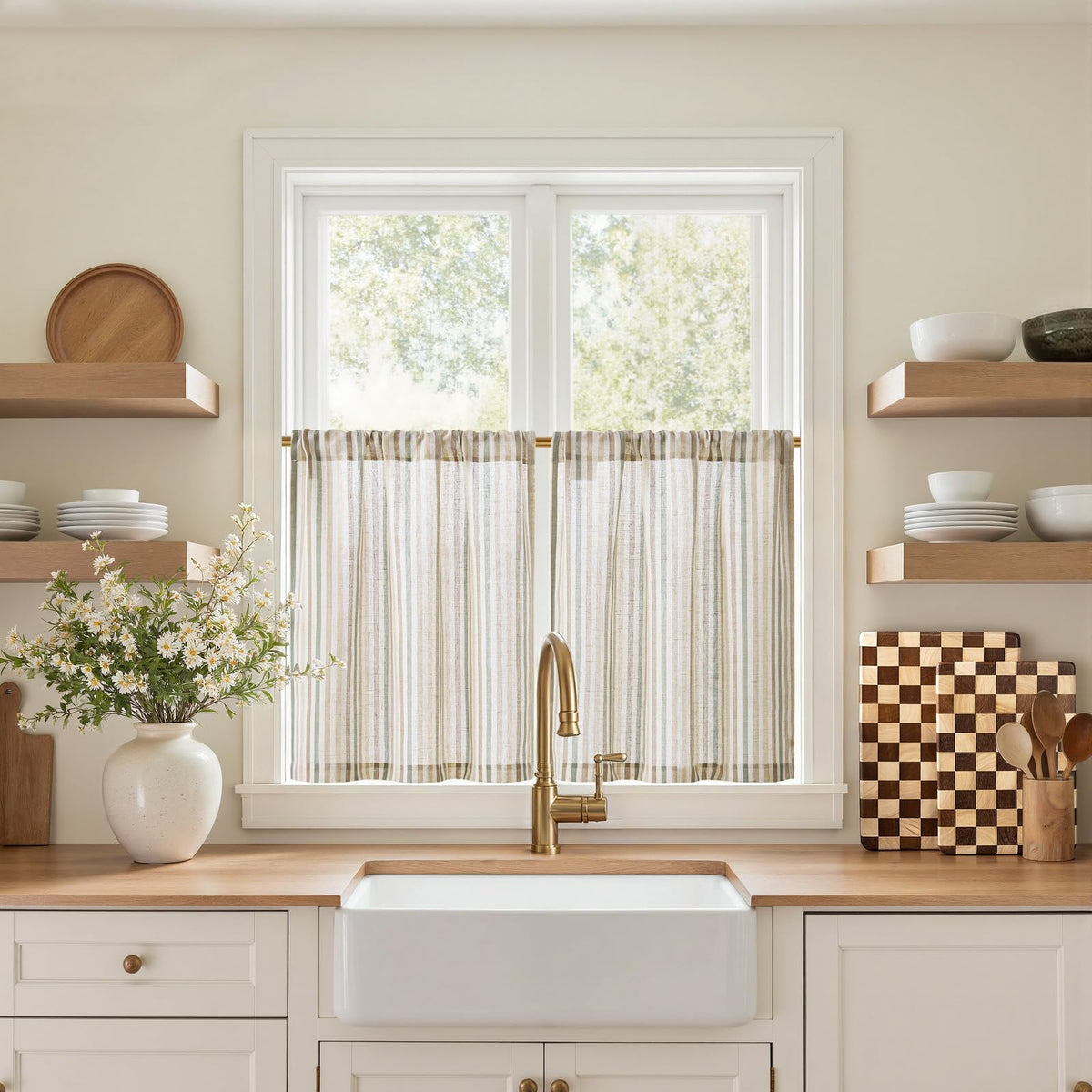 jinchan Striped Linen Kitchen Curtains 36 Inches Length Tier Curtains Farmhouse Modern Cafe Style Small Window Treatments Airy Light Filtering Rod Pocket for Living Room Bathroom 2 Panels Sage Green