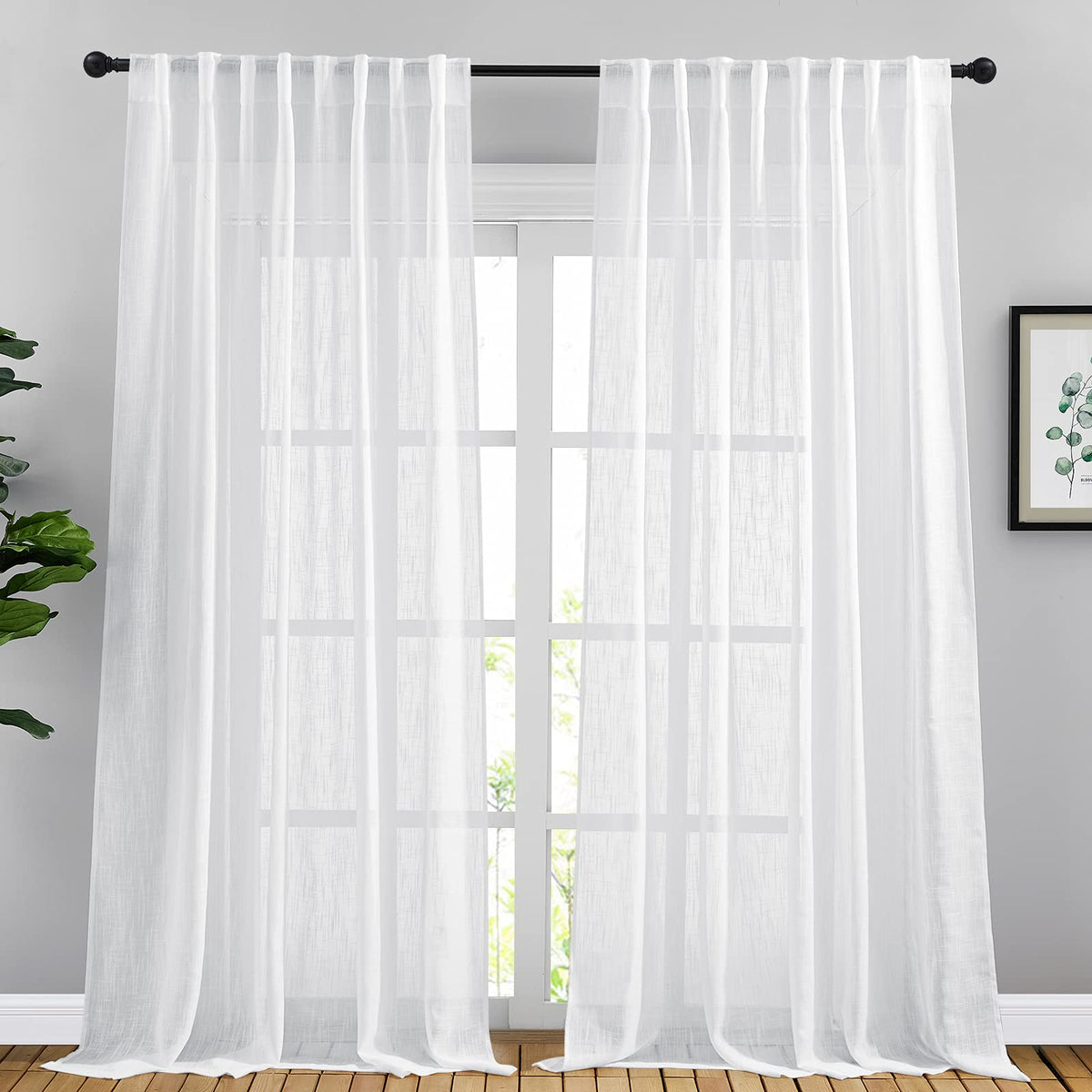 NICETOWN White Linen Sheer Curtains and Drapes 84 inches Long, Rod Pocket & Back Tab semitransparent with Light Through Vertical Window Treatments for Sliding Glass Door & Living Room, 52"W, Set of 2