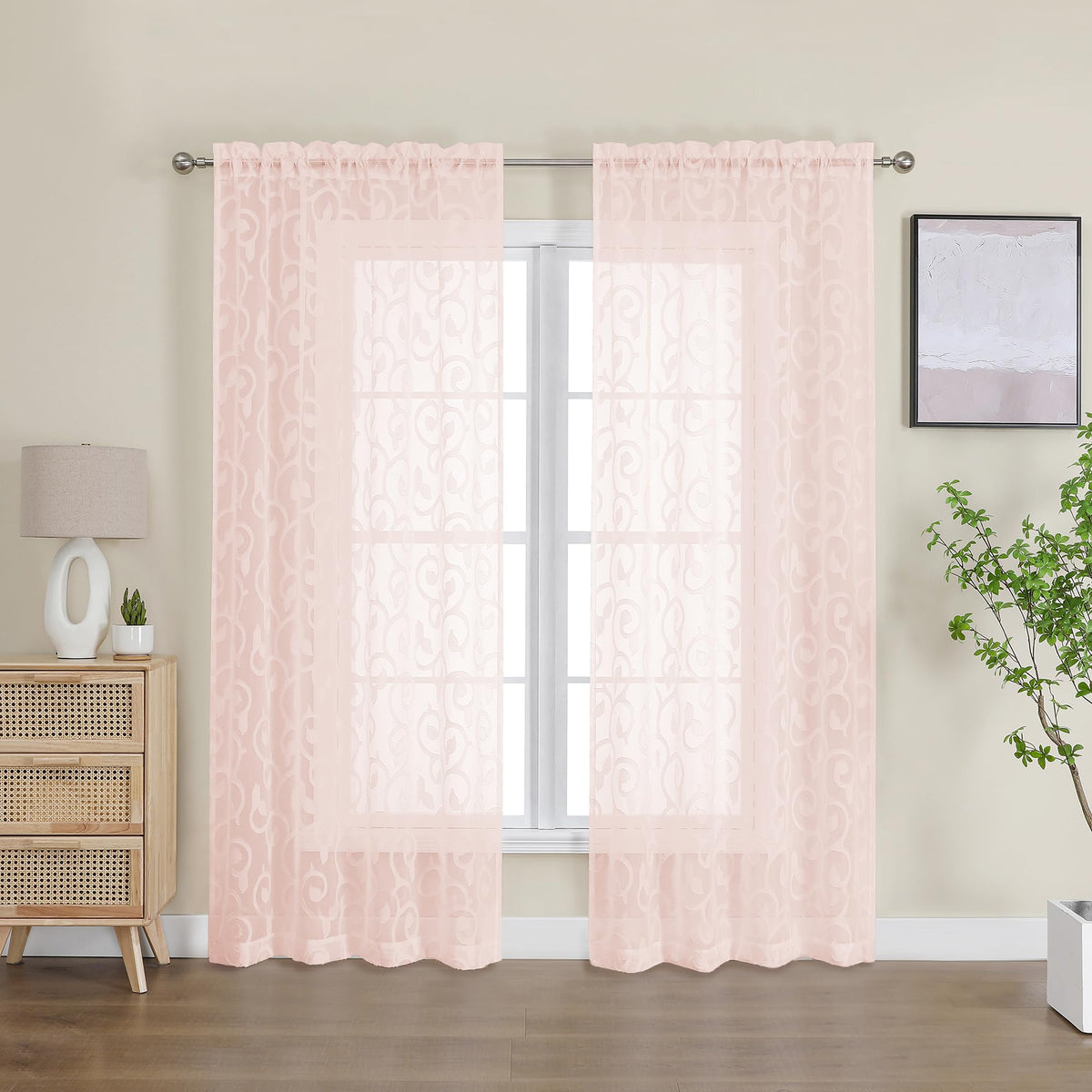 OWENIE Furman Ivory Sheer Curtains 84 inches Long for Bedroom Living Room 2 Panels Set, Jacquard Clip Light Filtering Semi Sheer Curtain Rod Pocket Window Drapes, 2 Pcs Each 40 W 84 L