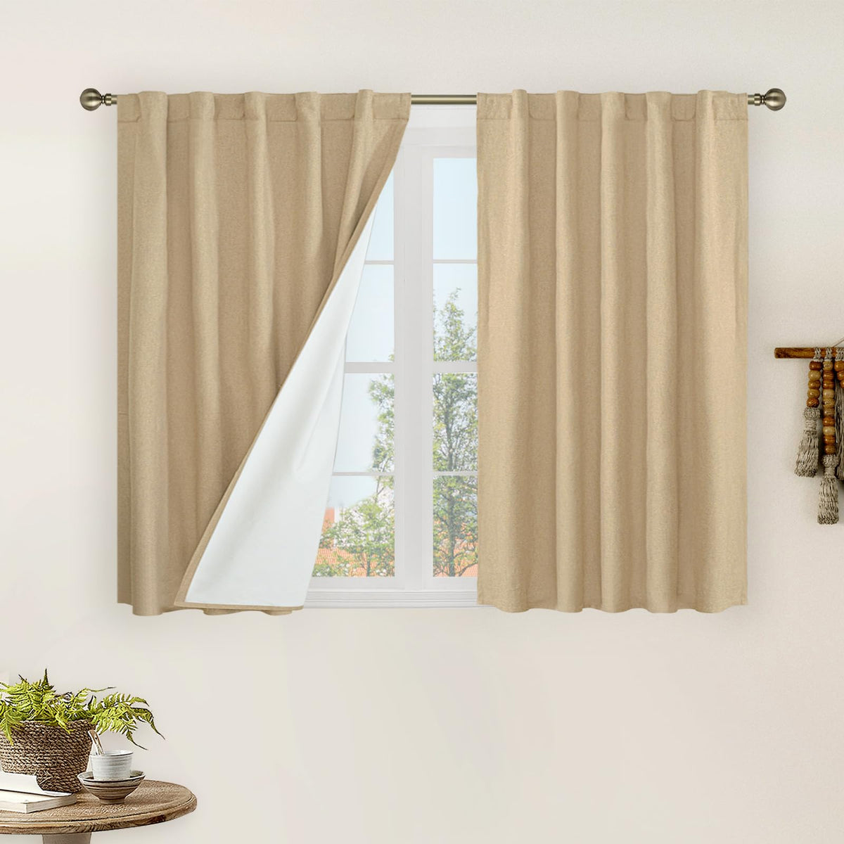 LAMIT 100% Blackout Short Linen Curtains for Cafe 40 Inch Length, Ivory