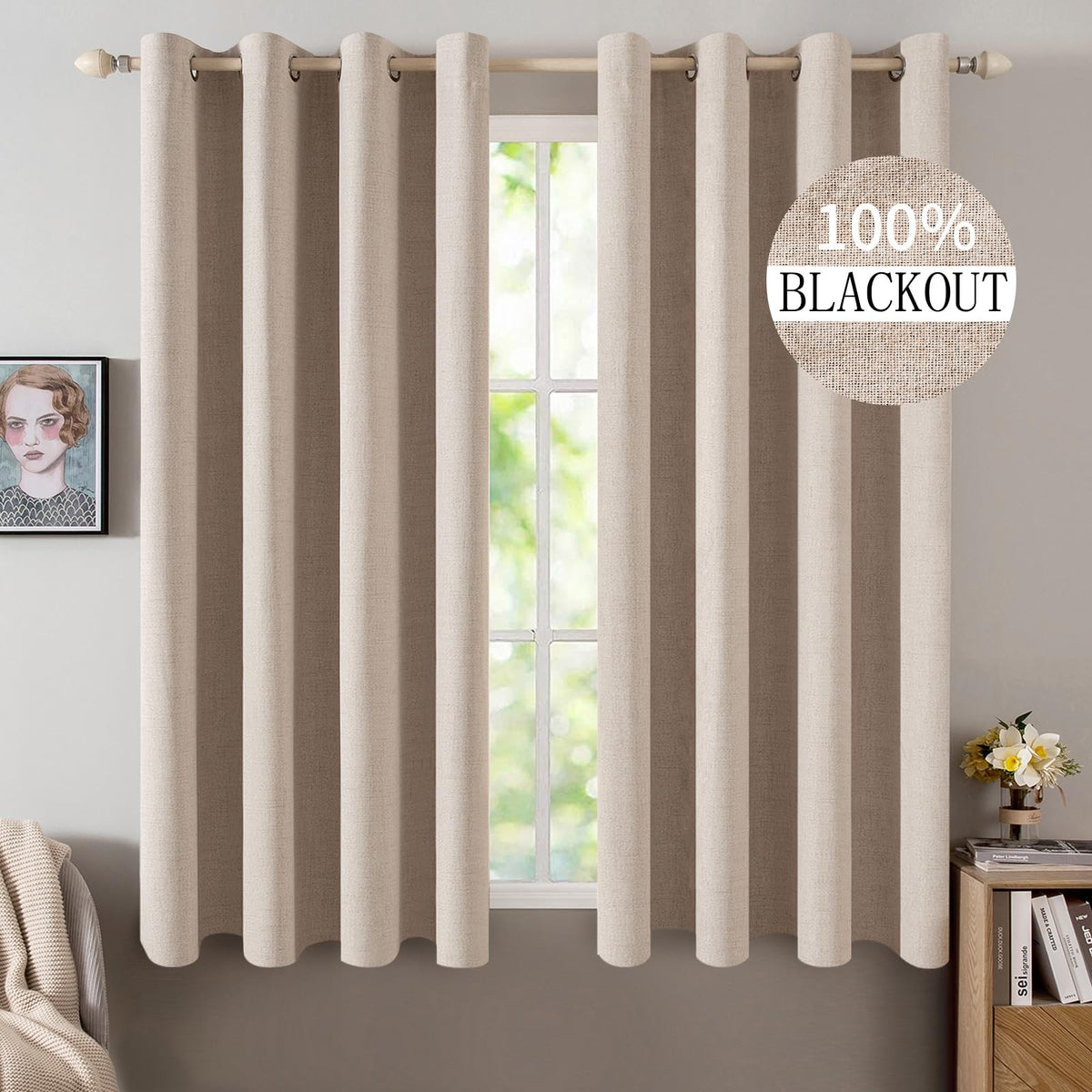 MIULEE 100% Blackout Linen Curtains for Bedroom 52x84 Inches Natural Beige