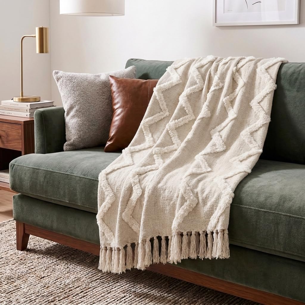 Americanflat 50x60 Throw Blanket - Soft and Breathable Cotton Throw Blanket for Couch, Bed, Chair - Decorative Blankets Perfect for Home, Office, or Outdoor Use - Cream Herringbone Design