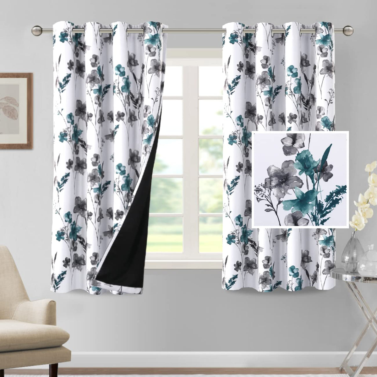 H.VERSAILTEX 100% Blackout Curtains 84 inch Length 2 Panels Set Cattleya Floral Printed Drapes Leah Floral Thermal Curtains for Bedroom with Black Liner Sound Proof Curtains, Grey and Taupe