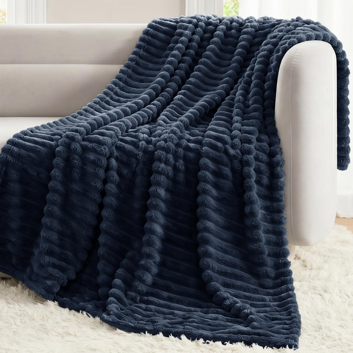CozyLux Black Throw Blanket for Couch, Ribbed Fleece, 50 x 60 Inch