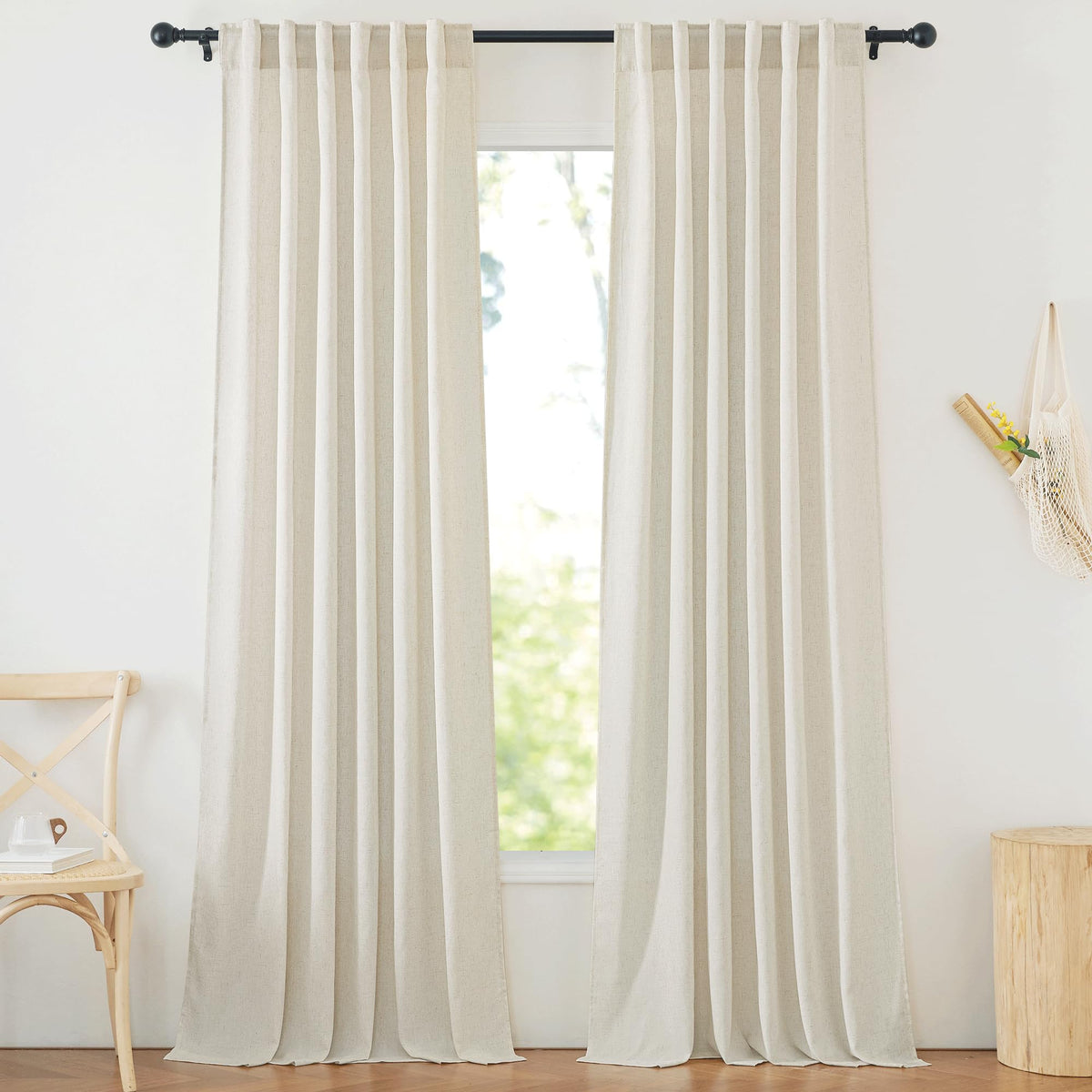 NICETOWN Flax Sheer Linen Curtains for Living Room 95 inch Long 2 Panels, Rod Pocket & Back Tab Semi Sheer Drapes Privacy Added with Light Filtering for Bedroom/Living Room, Natural, W55 x L95