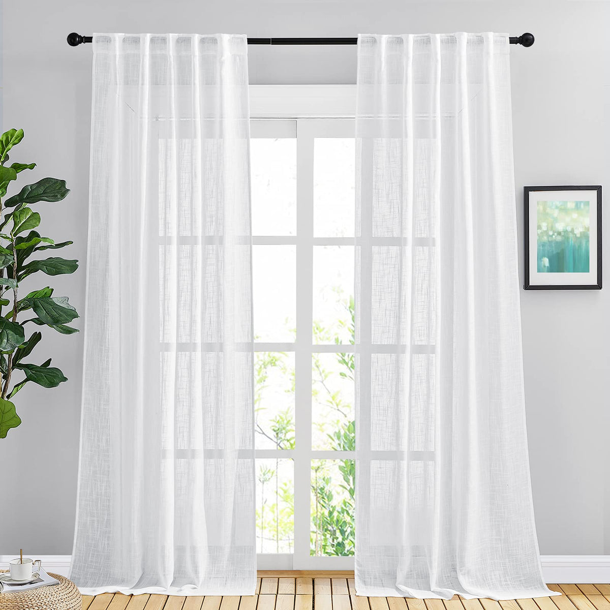 NICETOWN White Linen Sheer Curtains and Drapes 84 inches Long, Rod Pocket & Back Tab semitransparent with Light Through Vertical Window Treatments for Sliding Glass Door & Living Room, 52"W, Set of 2