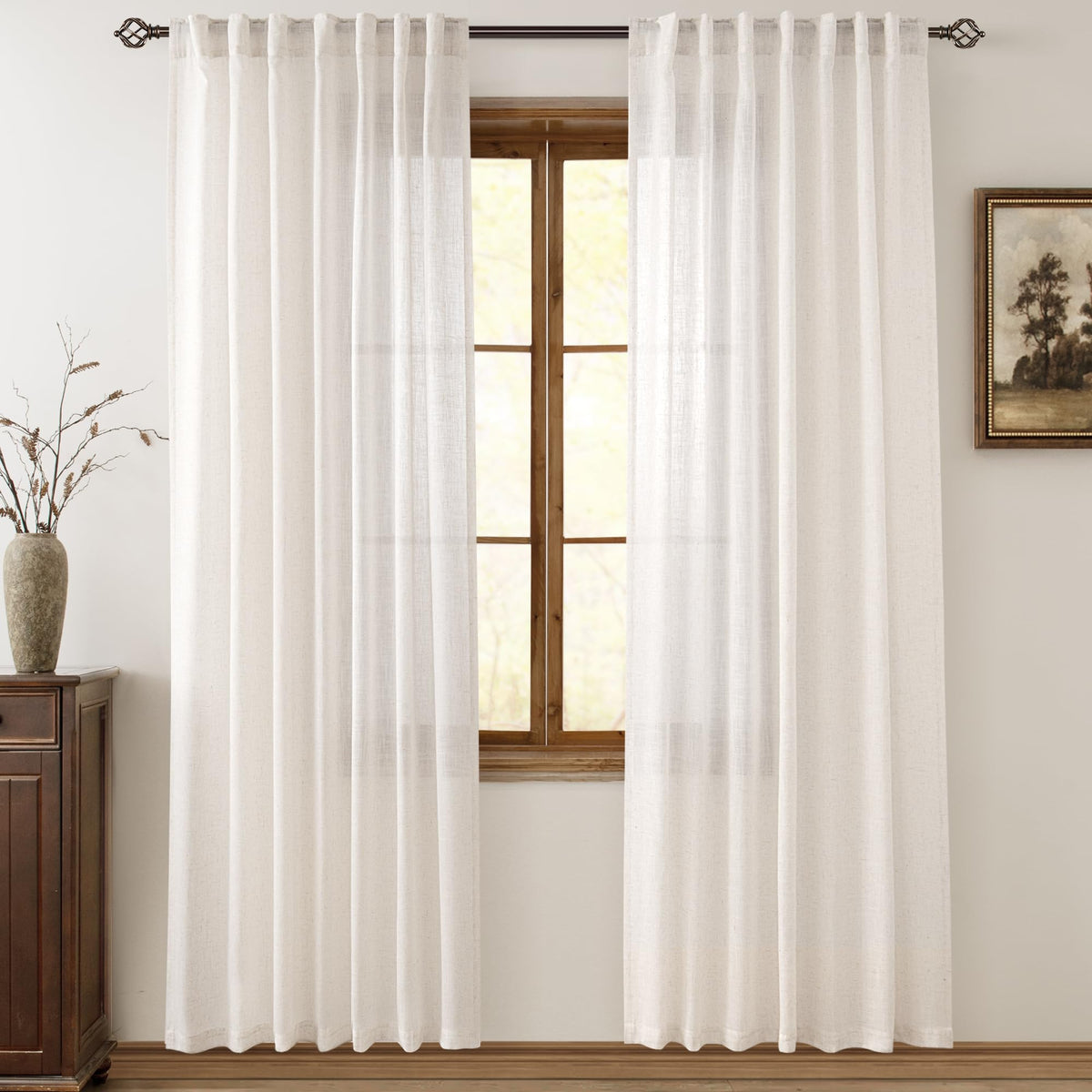 96 inch Long Linen Curtains 2 Panels for Living Room Back Tab Cream Ivory Light Filtering Semi Sheer Curtain 96 inches Long Boho Farmhouse Rustic Linen Drapes Floor to Ceiling Length 8 FT