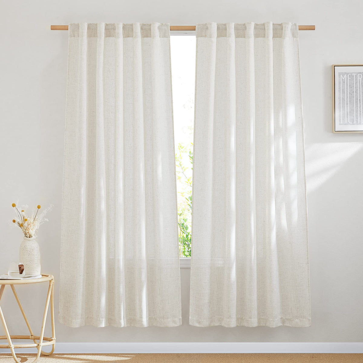 NICETOWN White Linen Sheer Curtains and Drapes 84 inches Long, Rod Pocket & Back Tab semitransparent with Light Through Vertical Window Treatments for Sliding Glass Door & Living Room, 52"W, Set of 2