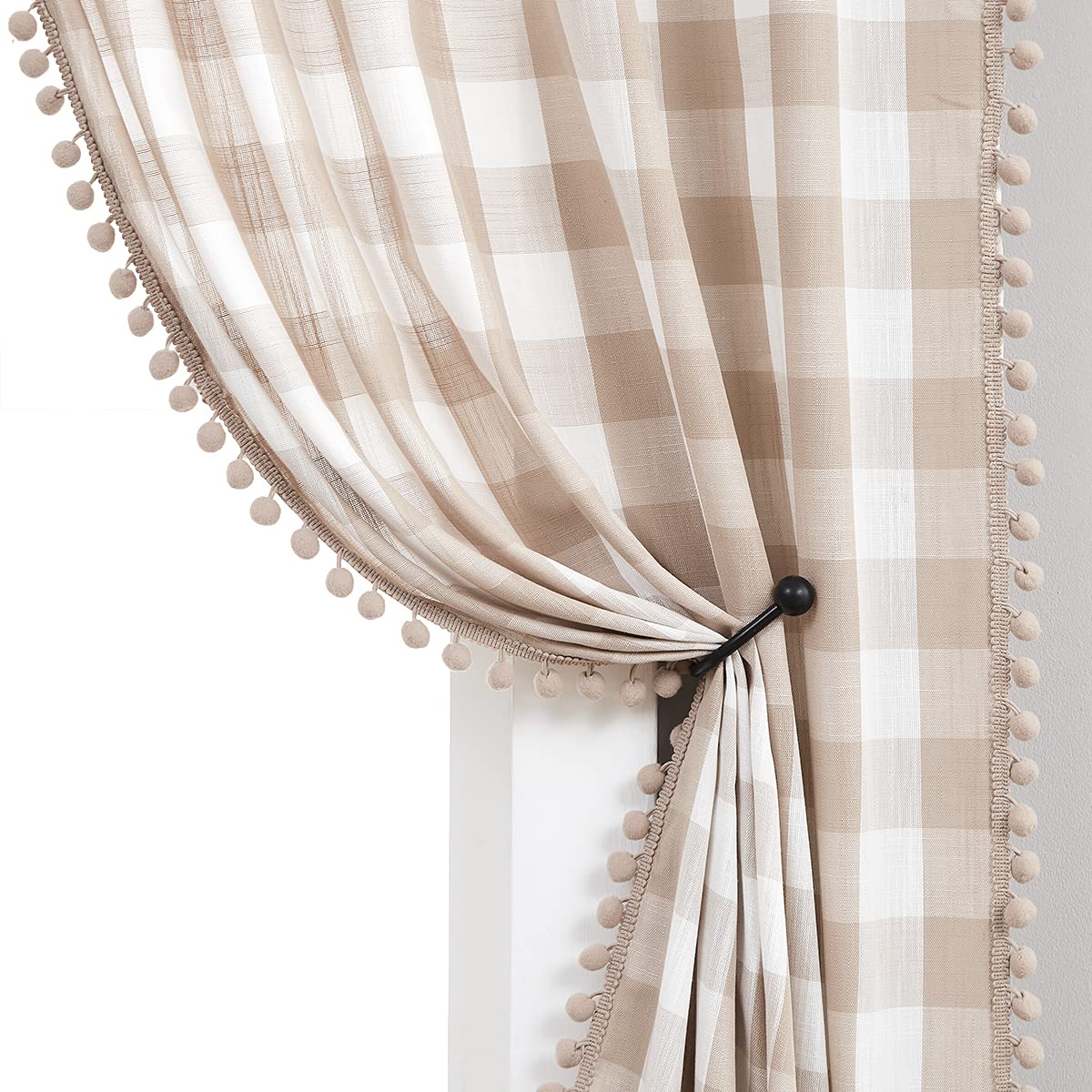 White Black Buffalo Check Curtains with PomPoms 45" SemiSheer Country Plaid