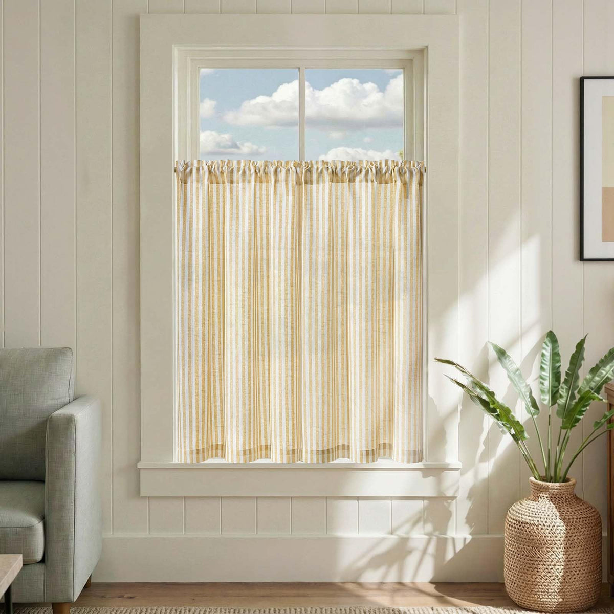 jinchan Striped Linen Kitchen Curtains 36 Inches Length Tier Curtains Farmhouse Modern Cafe Style Small Window Treatments Airy Light Filtering Rod Pocket for Living Room Bathroom 2 Panels Sage Green