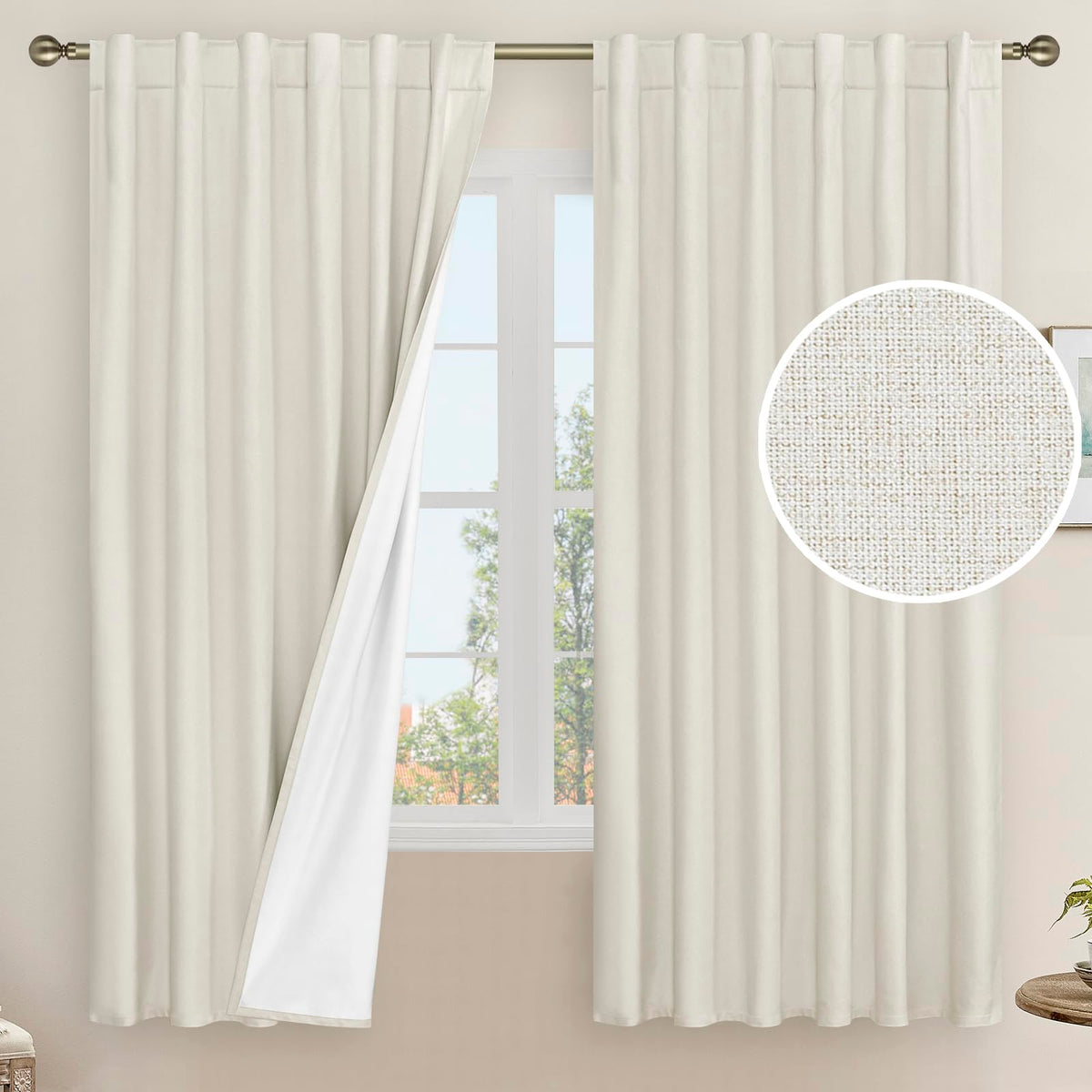 LAMIT 100% Blackout Short Linen Curtains for Cafe 40 Inch Length, Ivory