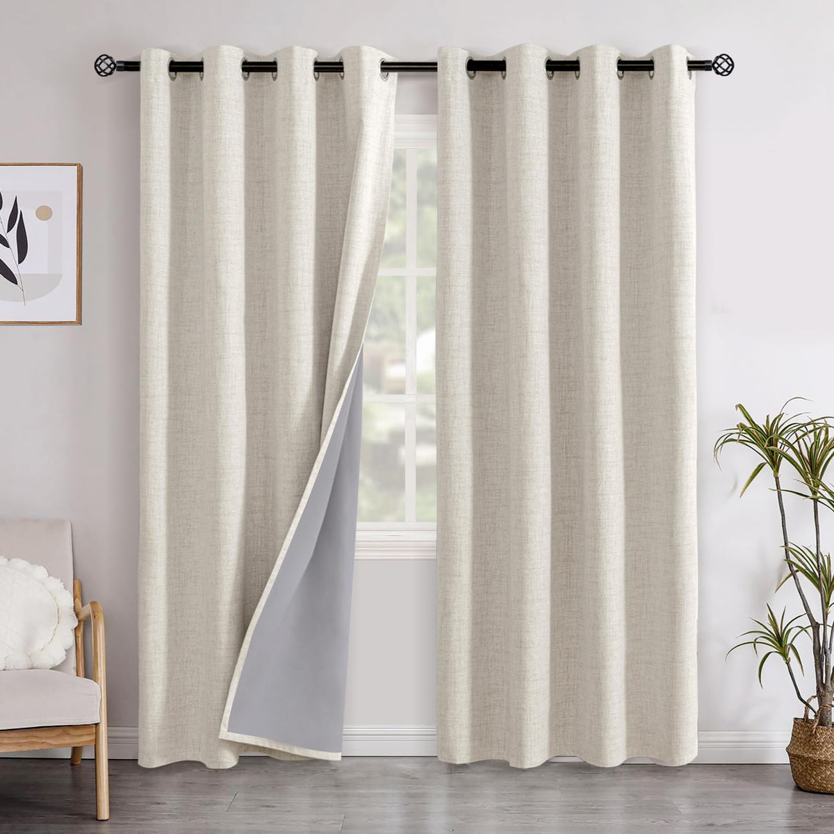YoungsTex Linen Blackout Curtains 63 Inch Length Bedroom Beige Darkening