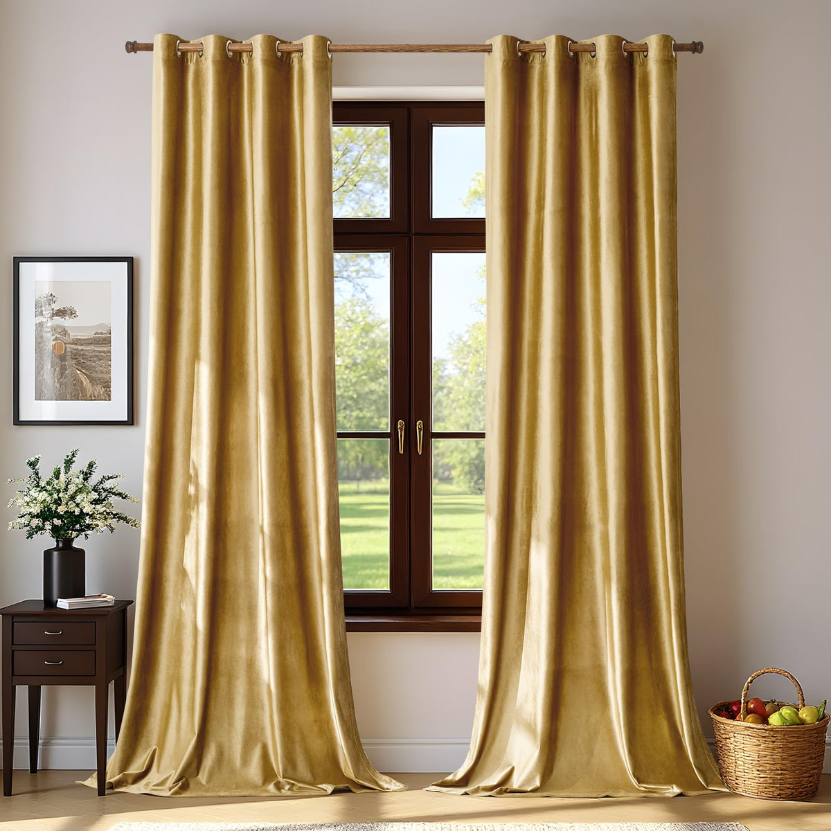 BULBUL Velvet Gold Grommet Blackout Curtains 84 inch Length for Living Room