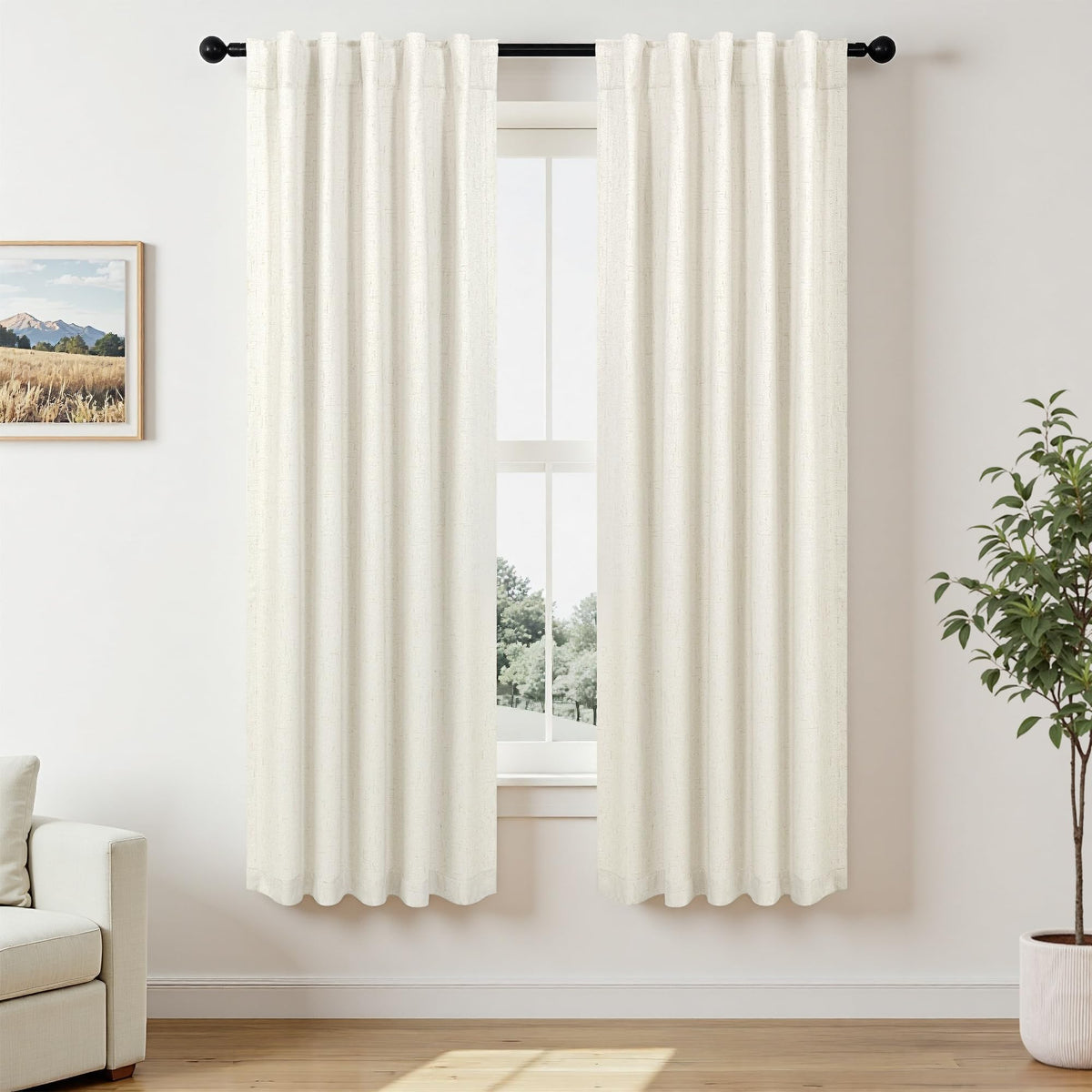 100% Blackout Curtains 84 Inch Length 2 Panels Set Neutral Boho Linen Farmhouse for Bedroom Windows Living Room Darkening Thermal Insulated Drapes Natural Cream Ivory 7ft Long Back Tab Pleated Pocket
