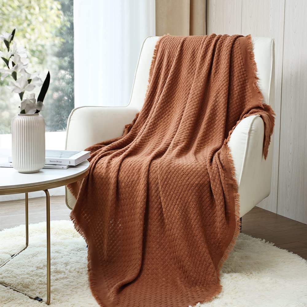 CREVENT Farmhouse Boho Knitted Throw Blanket for Couch Sofa Chair Bed Home Decoration, Soft Warm Cozy Light Weight for Spring Summer Fall (50''X60'' Off White/Ivory/Cream)
