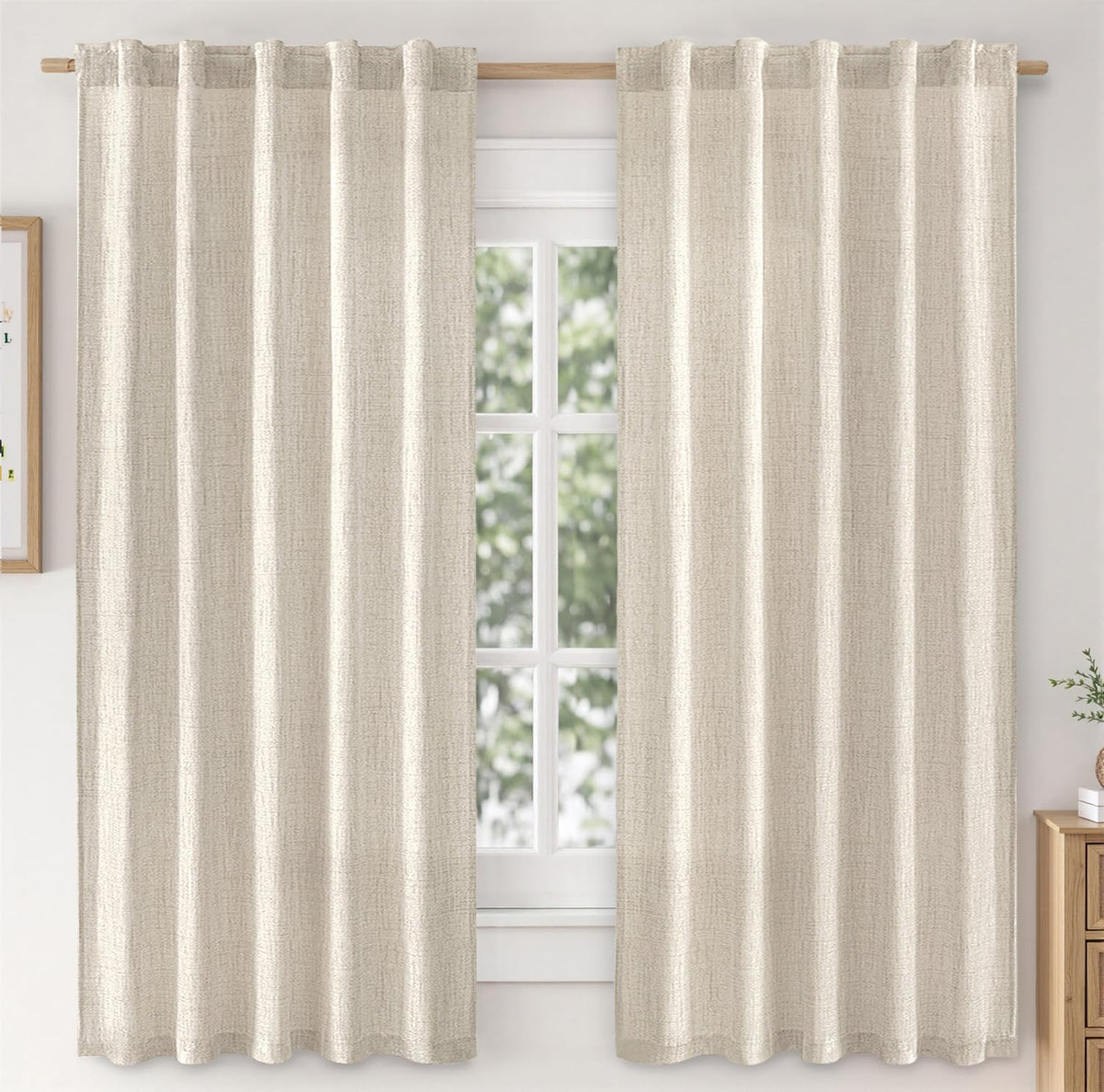 MIULEE Faux Linen Curtains 90 Inch Length 2 Panels Natural Semi Sheer Curtain with Back Tab Rod Pocket, Light Filtering Window Privacy Burlap Drapes for Living Room Bedroom 42W x 90L Linen