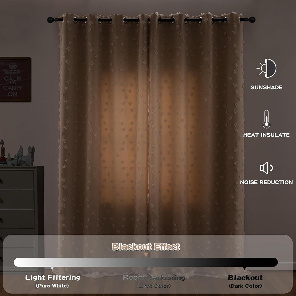 MYSKY HOME Beige Boho Curtains for Living Room 84 Inches Long Blackout Bohemian Curtains 2 Panels Beige Pom Pom Sheer Thermal Insulated Rustic Grommet Privacy Room Darkening Window Drapes 52" x 84"