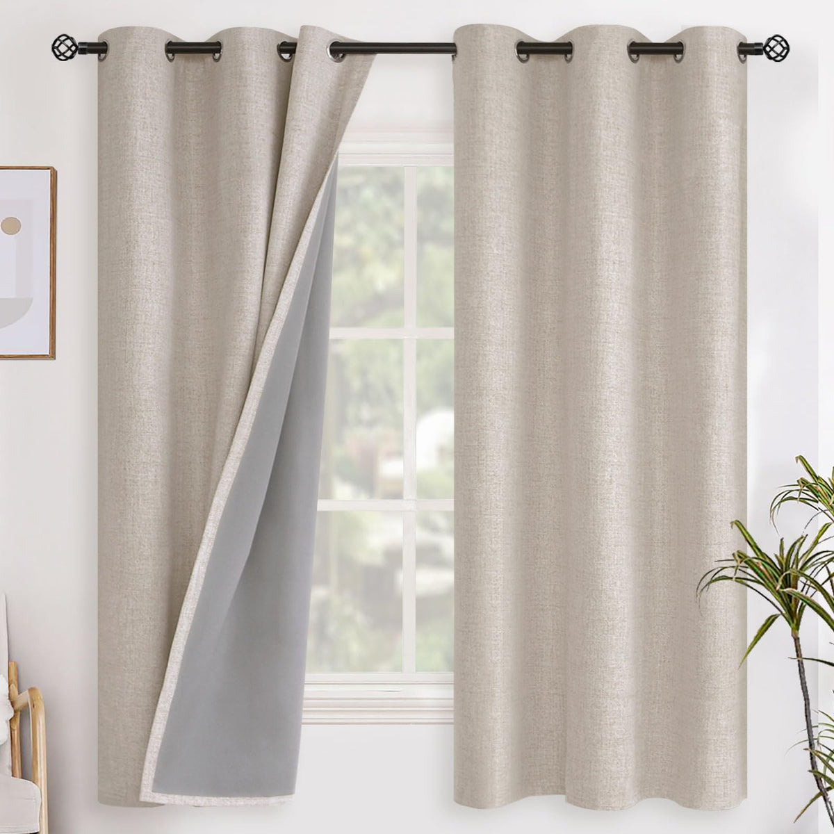 YoungsTex Linen Blackout Curtains 63 Inch Length Bedroom Beige Darkening