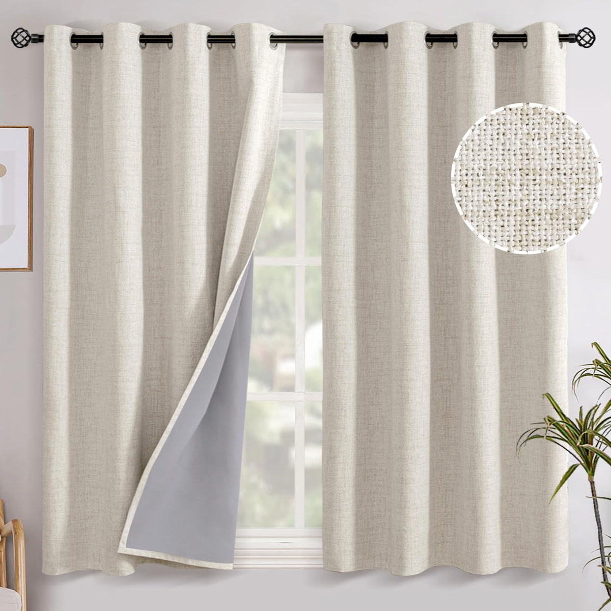 YoungsTex Linen Blackout Curtains 63 Inch Length Bedroom Beige Darkening