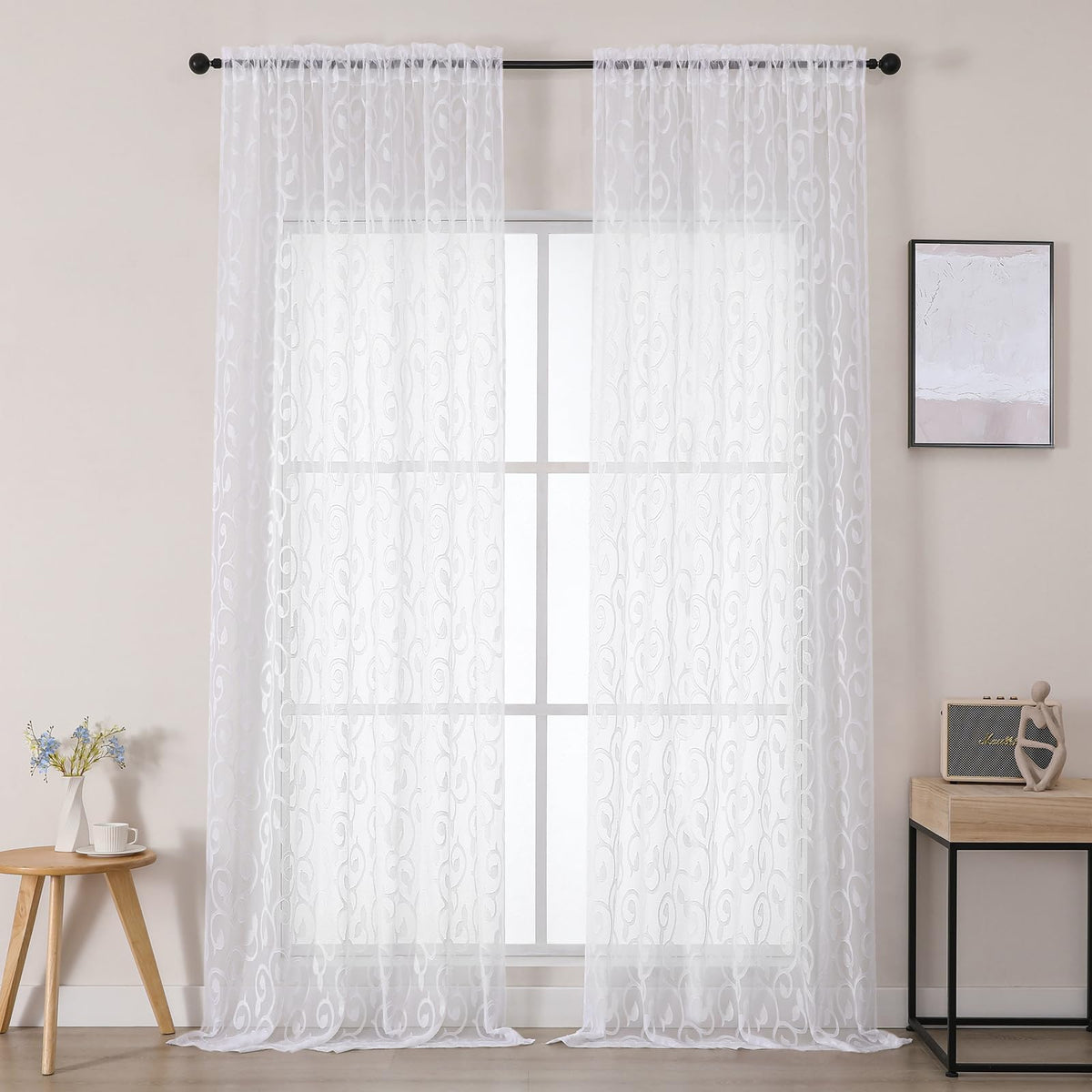 OWENIE Furman Ivory Sheer Curtains 84 inches Long for Bedroom Living Room 2 Panels Set, Jacquard Clip Light Filtering Semi Sheer Curtain Rod Pocket Window Drapes, 2 Pcs Each 40 W 84 L