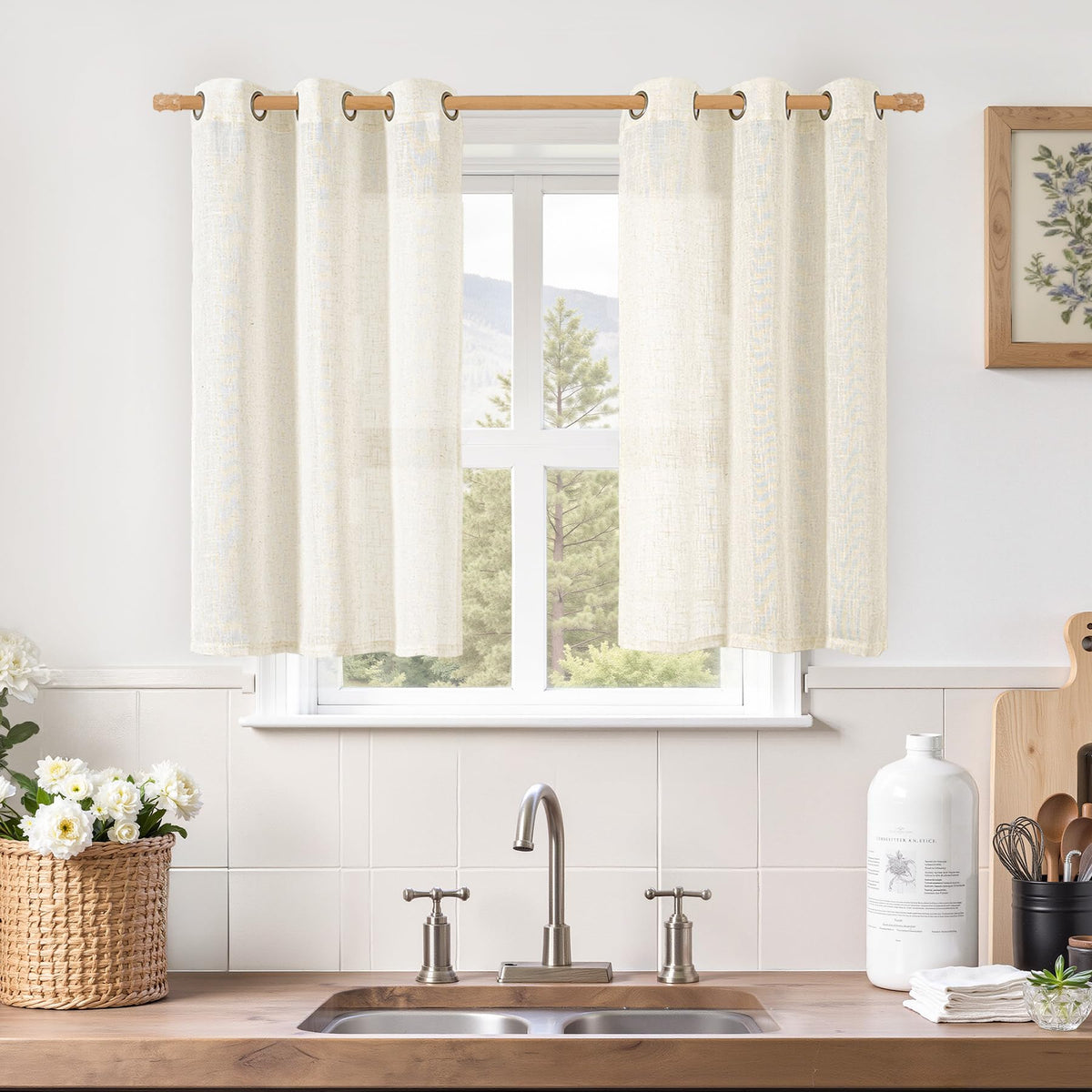 LAMIT Cream Ivory Linen Semi Sheer Curtains 84 inch Length for Bedroom