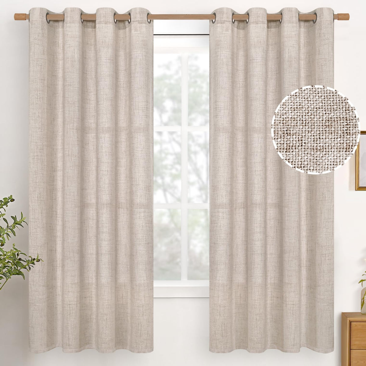 YoungsTex Linen Semi Sheer Curtains 63 Inch Length, Light Filtering Drapes