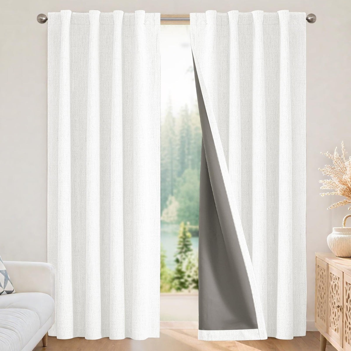 Joydeco Blackout Curtains for Bedroom - 84 Inch Long 100% Light Blocking 2 Panels Light Beige Drapes, Thermal Insulated Room Darkening Curtains, Linen Textured for Living Room, Rod Pocket & Back Tabs