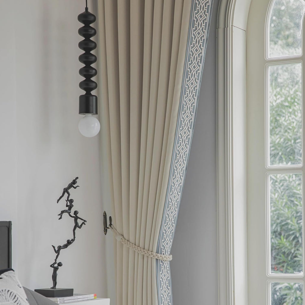 VisionaryHomeDesign Ivory Cream Cotton Blend Curtain Panels with Trim Design, Pinch Pleat Curtains, Blackout Curtains for Sliding Patio Doors Bedroom (Set of 2) (52W x 96L)