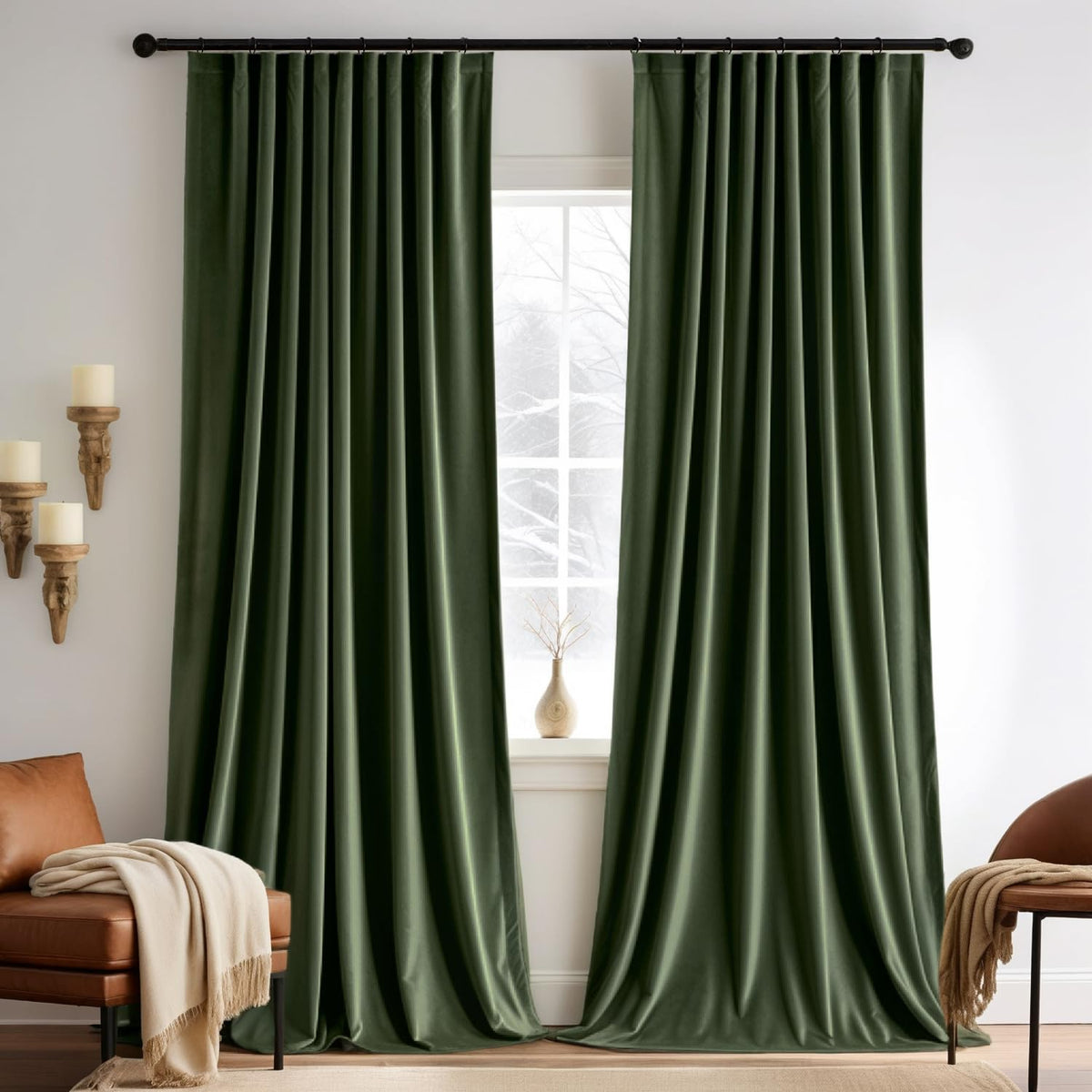 MIULEE Sage Green Velvet Pinch Pleat Blackout Curtains W52 X L108 Inches