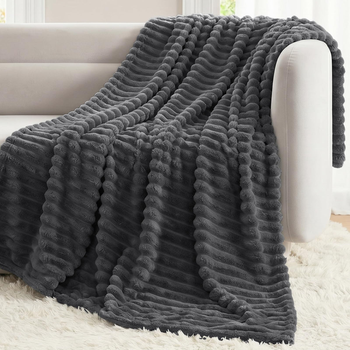 CozyLux Black Throw Blanket for Couch, Ribbed Fleece, 50 x 60 Inch