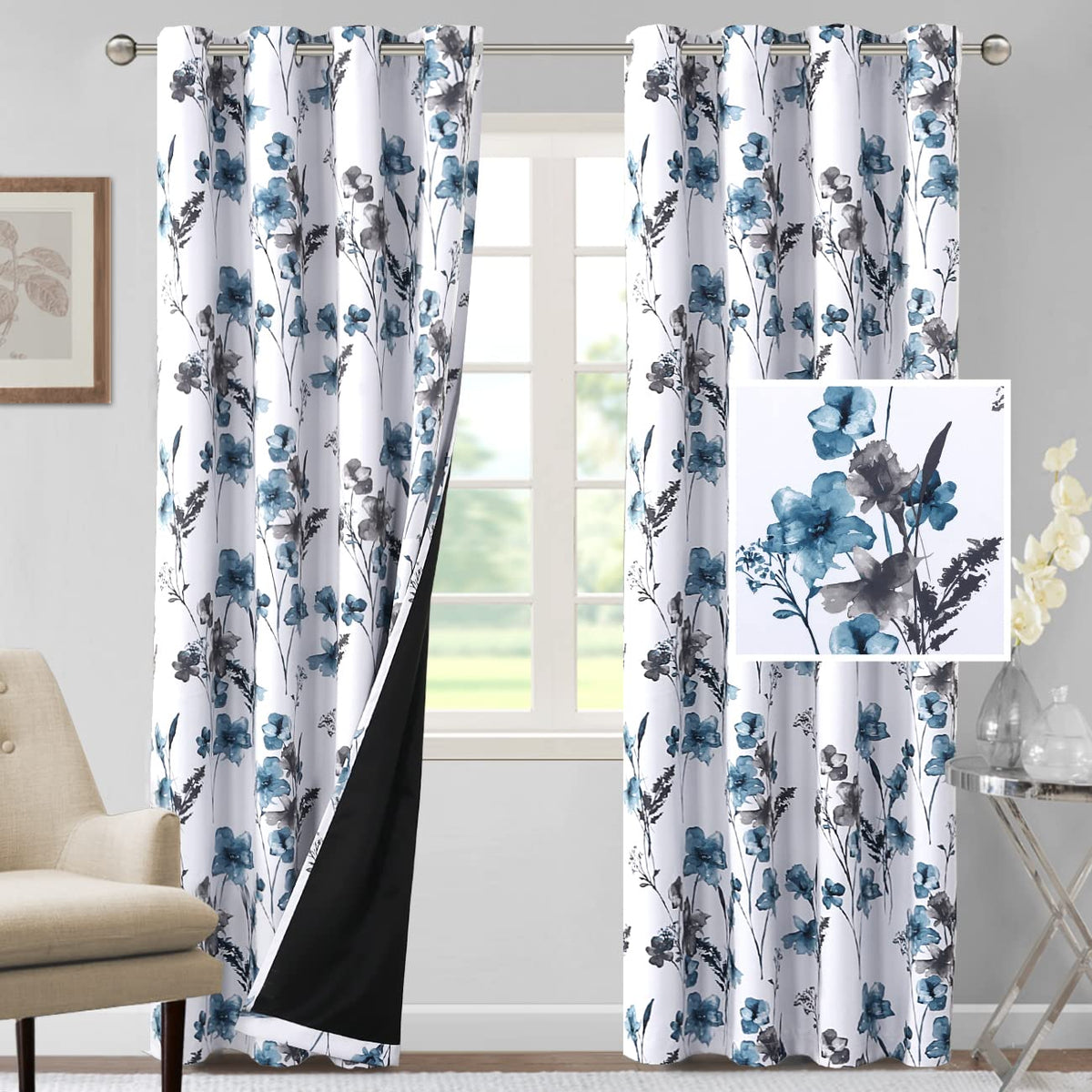 H.VERSAILTEX 100% Blackout Curtains 84 inch Length 2 Panels Set Cattleya Floral Printed Drapes Leah Floral Thermal Curtains for Bedroom with Black Liner Sound Proof Curtains, Grey and Taupe