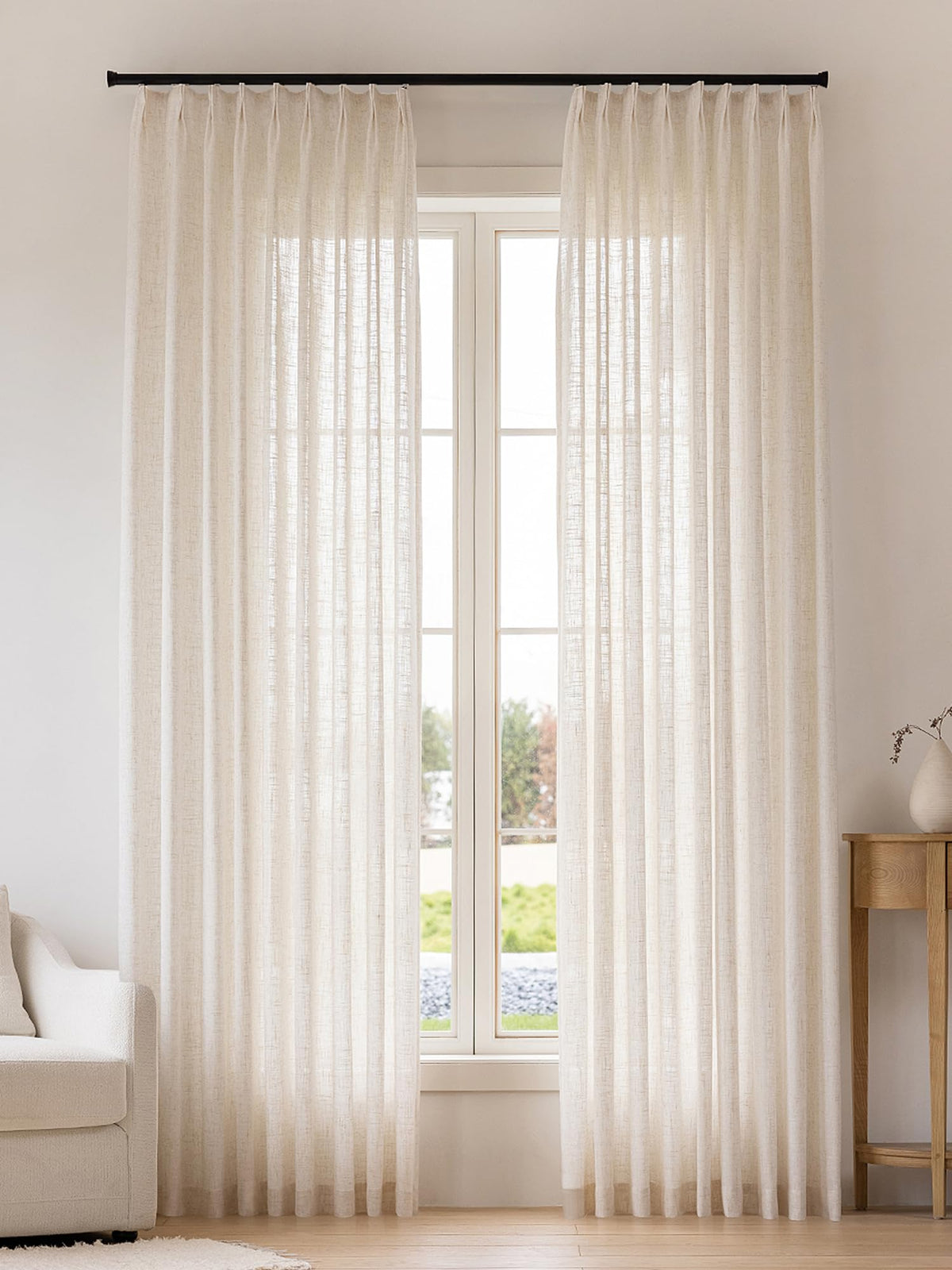 Liz Sheer Pinch Pleated Linen Curtains 90 Inches Long - Light Filtering Pleat Curtains for Living Room,Window Curtains for Bedroom, Luxury Pinch Pleated Drapes with Hooks, Natural, 2 Panels Set