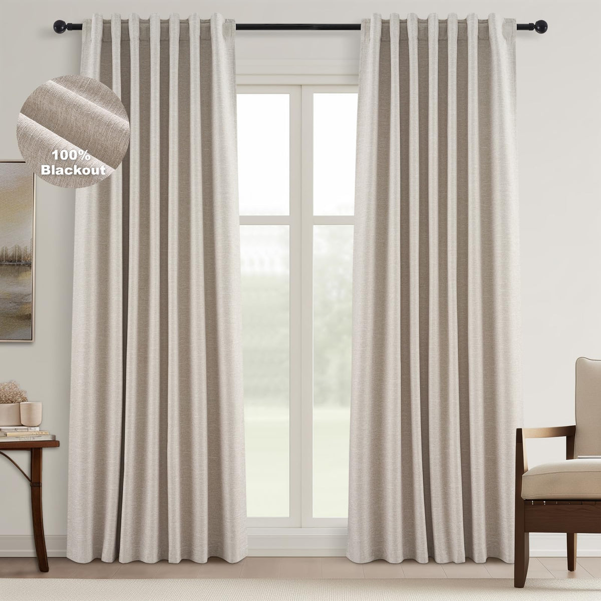 Topfinel Linen Blackout Curtains 96 Inch Long, Boho Farmhouse Ivory Birch Viral Drapes Pinch Pleated Curtains with Hooks for Living Room, Neutral 8 FT Back Tab Bedroom Curtains 52" X 96" 2 Panels