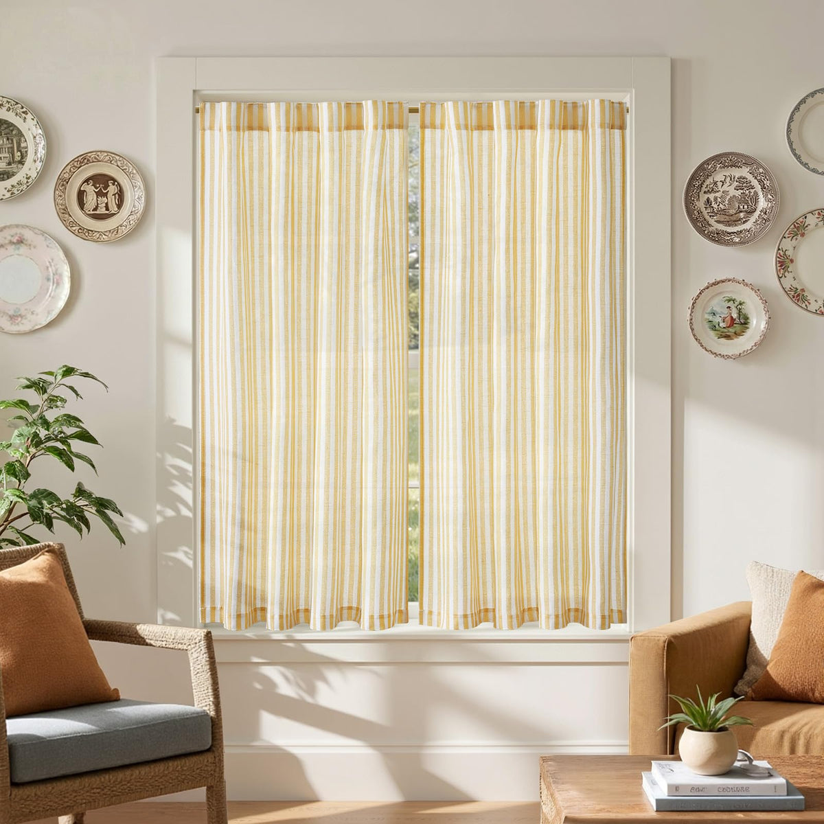 jinchan Striped Linen Kitchen Curtains 36 Inches Length Tier Curtains Farmhouse Modern Cafe Style Small Window Treatments Airy Light Filtering Rod Pocket for Living Room Bathroom 2 Panels Sage Green