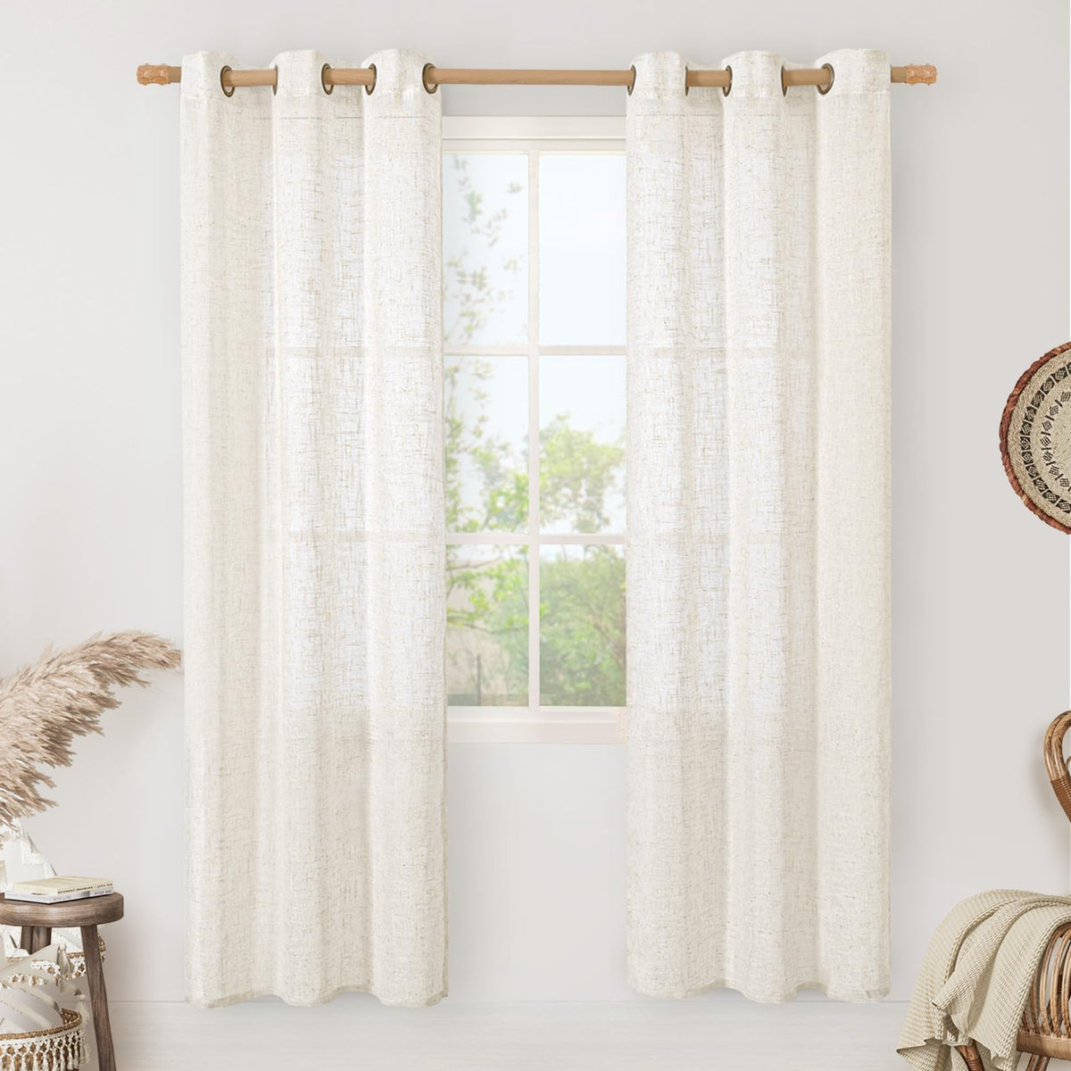 LAMIT Cream Ivory Linen Semi Sheer Curtains 84 inch Length for Bedroom