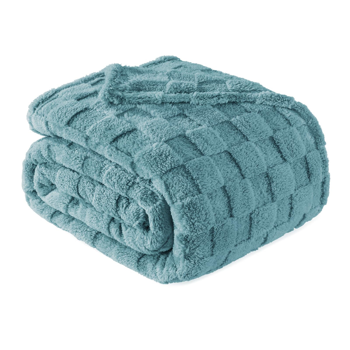 Exclusivo Mezcla 3D Checkered Fleece Throw Blanket for Couch, Ivory