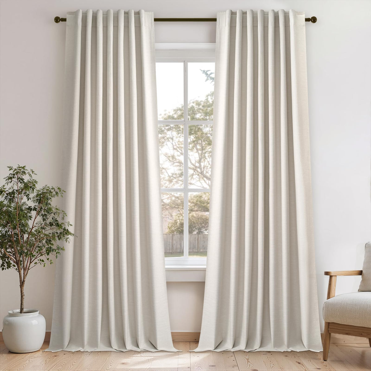 Topfinel Linen Blackout Curtains 96 Inch Long, Boho Farmhouse Ivory Birch Viral Drapes Pinch Pleated Curtains with Hooks for Living Room, Neutral 8 FT Back Tab Bedroom Curtains 52" X 96" 2 Panels