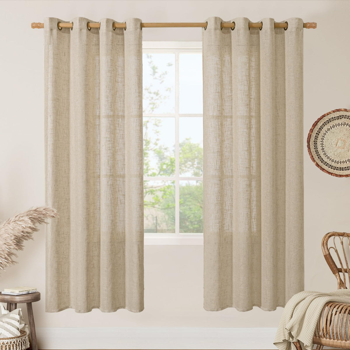 LAMIT Cream Ivory Linen Semi Sheer Curtains 84 inch Length for Bedroom