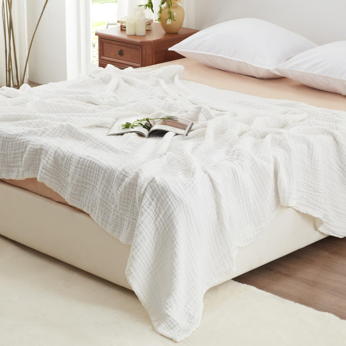 Love's cabin 100% Cotton Muslin Blanket, 6 Layer Lightweight Breathable Gauze Throw Blanket 50 x 60 Inches, Soft All Season Blanket for Couch, Bed, Sofa, Beige