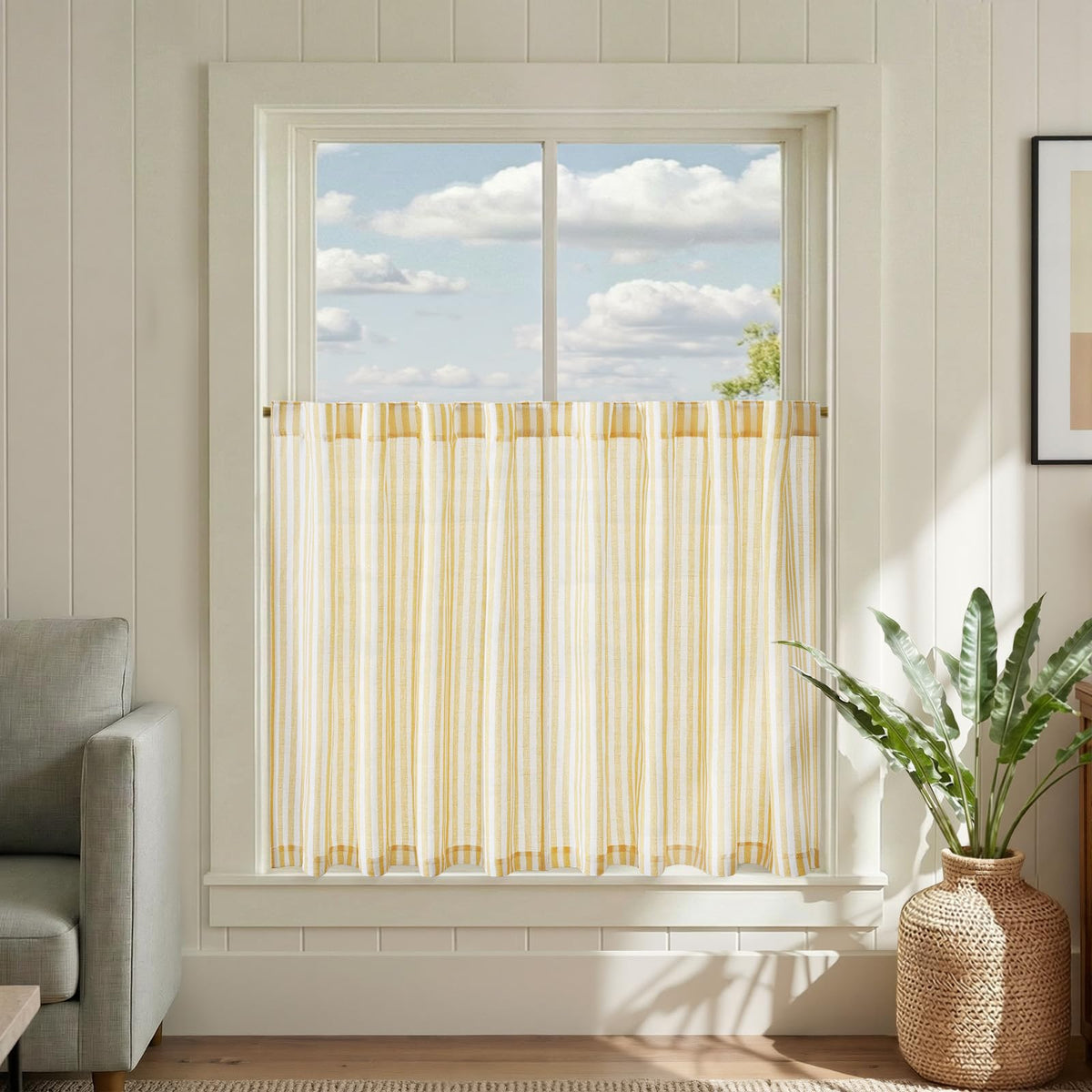 jinchan Striped Linen Kitchen Curtains 36 Inches Length Tier Curtains Farmhouse Modern Cafe Style Small Window Treatments Airy Light Filtering Rod Pocket for Living Room Bathroom 2 Panels Sage Green