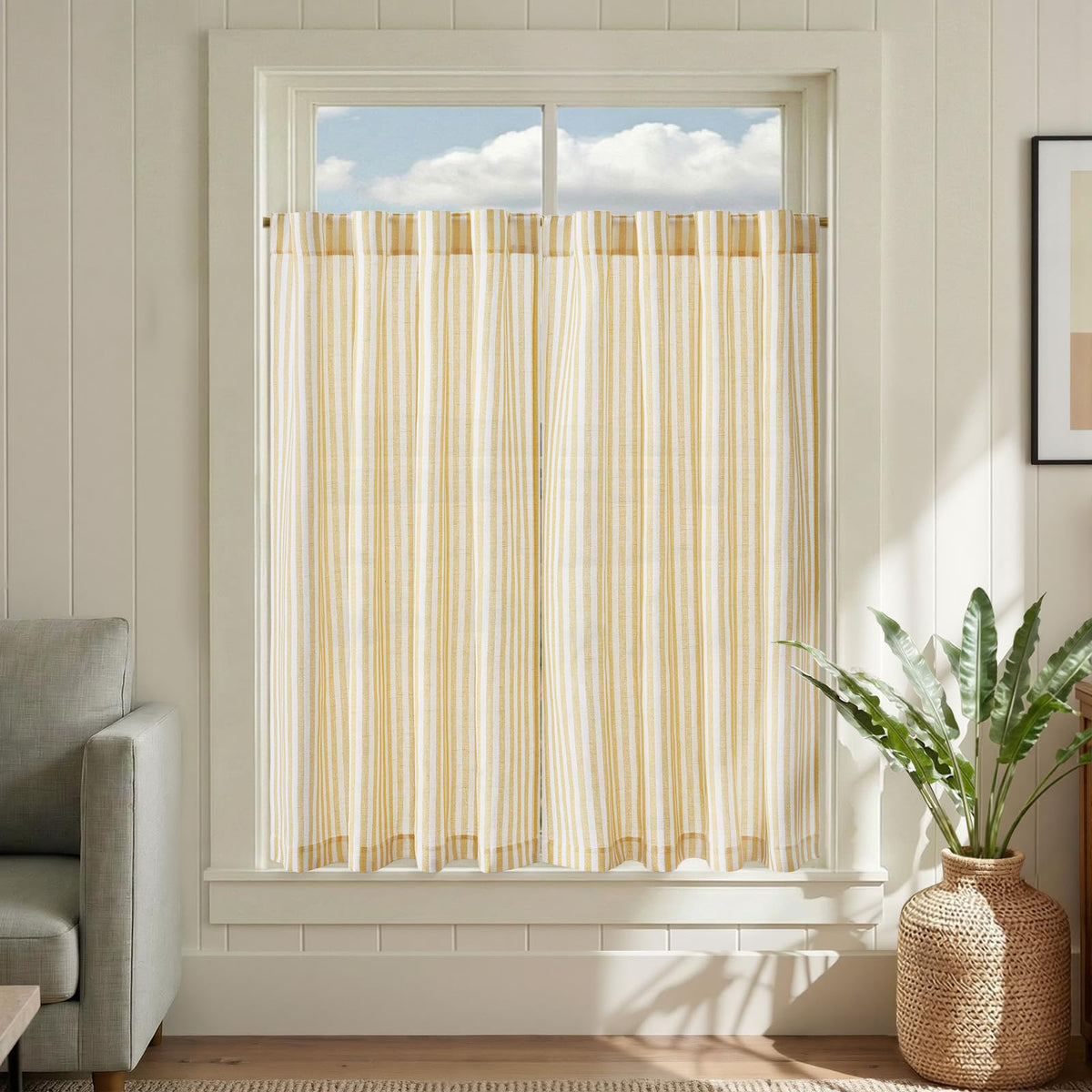 jinchan Striped Linen Kitchen Curtains 36 Inches Length Tier Curtains Farmhouse Modern Cafe Style Small Window Treatments Airy Light Filtering Rod Pocket for Living Room Bathroom 2 Panels Sage Green