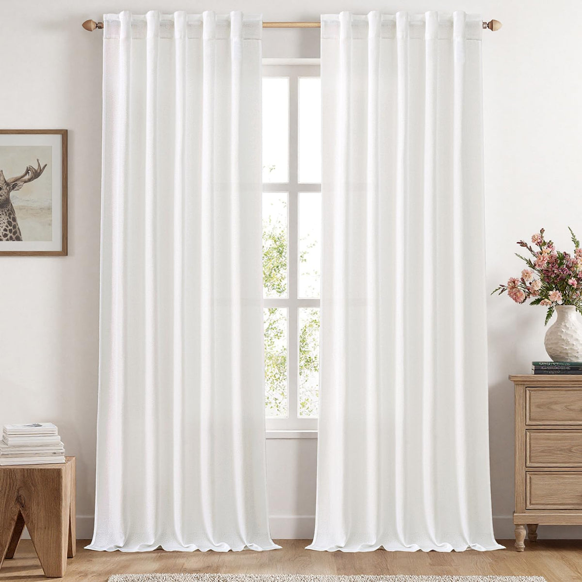 MIULEE Faux Linen Curtains 90 Inch Length 2 Panels Natural Semi Sheer Curtain with Back Tab Rod Pocket, Light Filtering Window Privacy Burlap Drapes for Living Room Bedroom 42W x 90L Linen
