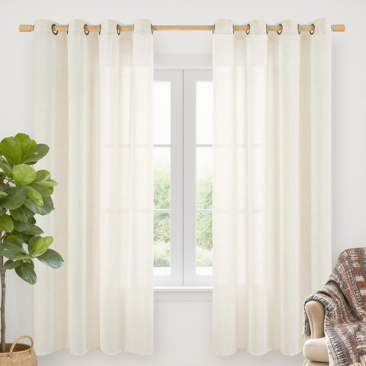YoungsTex Linen Semi Sheer Curtains 63 Inch Length, Light Filtering Drapes