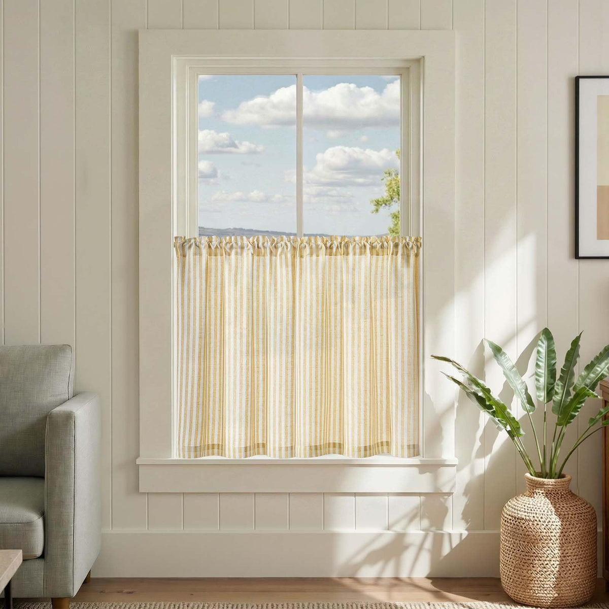 jinchan Striped Linen Kitchen Curtains 36 Inches Length Tier Curtains Farmhouse Modern Cafe Style Small Window Treatments Airy Light Filtering Rod Pocket for Living Room Bathroom 2 Panels Sage Green