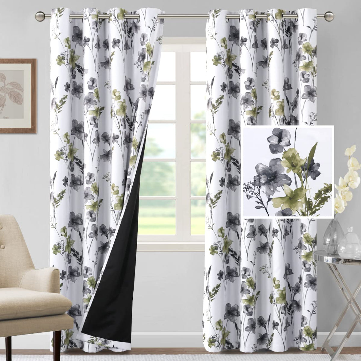 H.VERSAILTEX 100% Blackout Curtains 84 inch Length 2 Panels Set Cattleya Floral Printed Drapes Leah Floral Thermal Curtains for Bedroom with Black Liner Sound Proof Curtains, Grey and Taupe