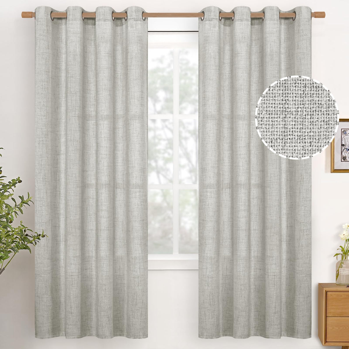 YoungsTex Linen Semi Sheer Curtains 63 Inch Length, Light Filtering Drapes