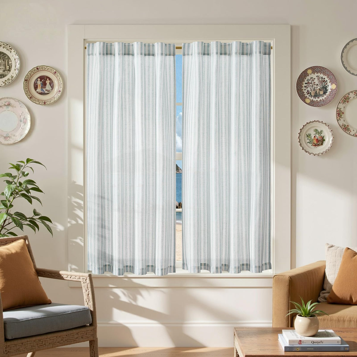jinchan Striped Linen Kitchen Curtains 36 Inches Length Tier Curtains Farmhouse Modern Cafe Style Small Window Treatments Airy Light Filtering Rod Pocket for Living Room Bathroom 2 Panels Sage Green