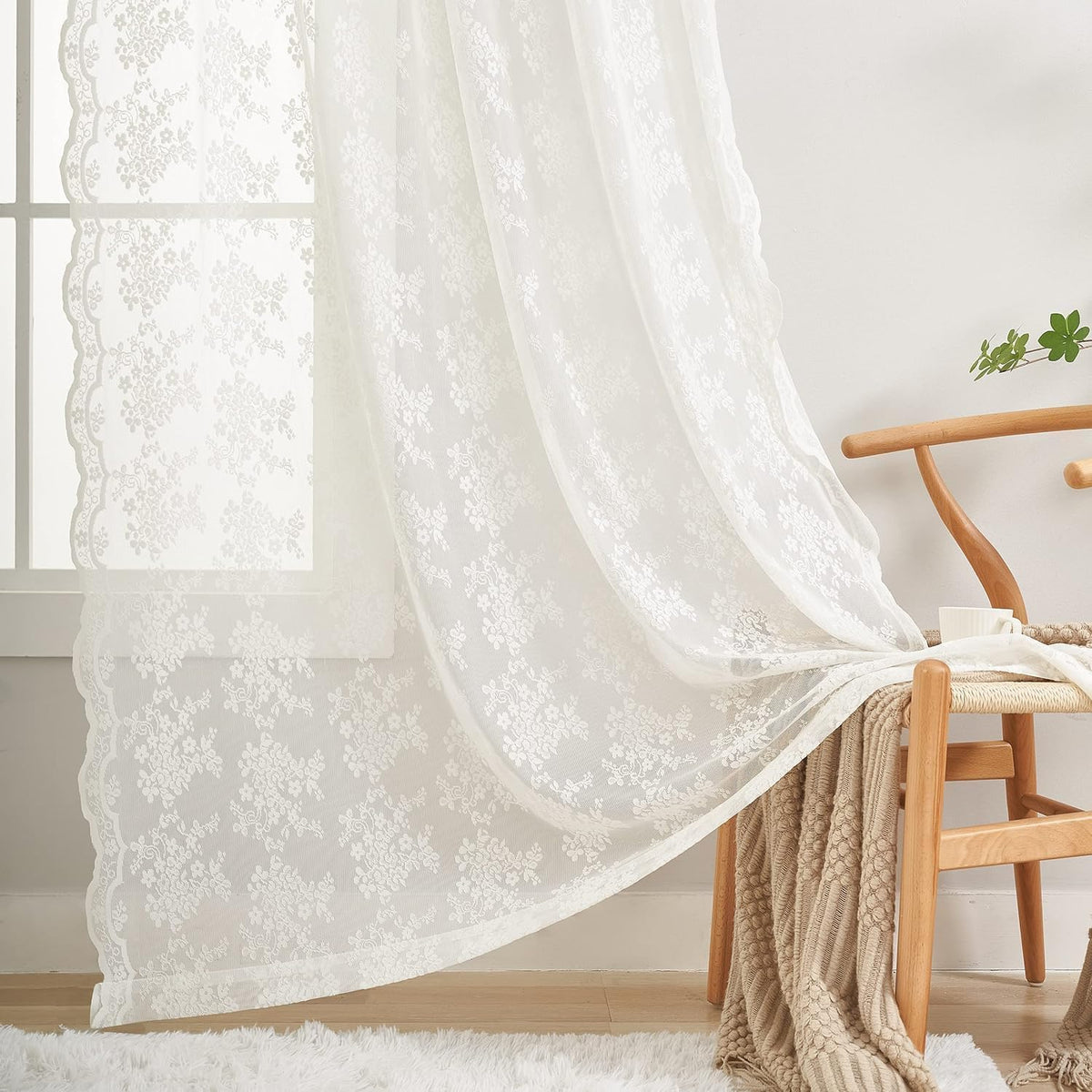 YJ YANJUN Vintage Lace Curtains 84 Inches Long-Victorian Floral Pattern Ivory Sheer Curtain Panels for Living Room Bedroom French Door, Light Filtering Drapes, 2 Panels 52W x 84L Cream