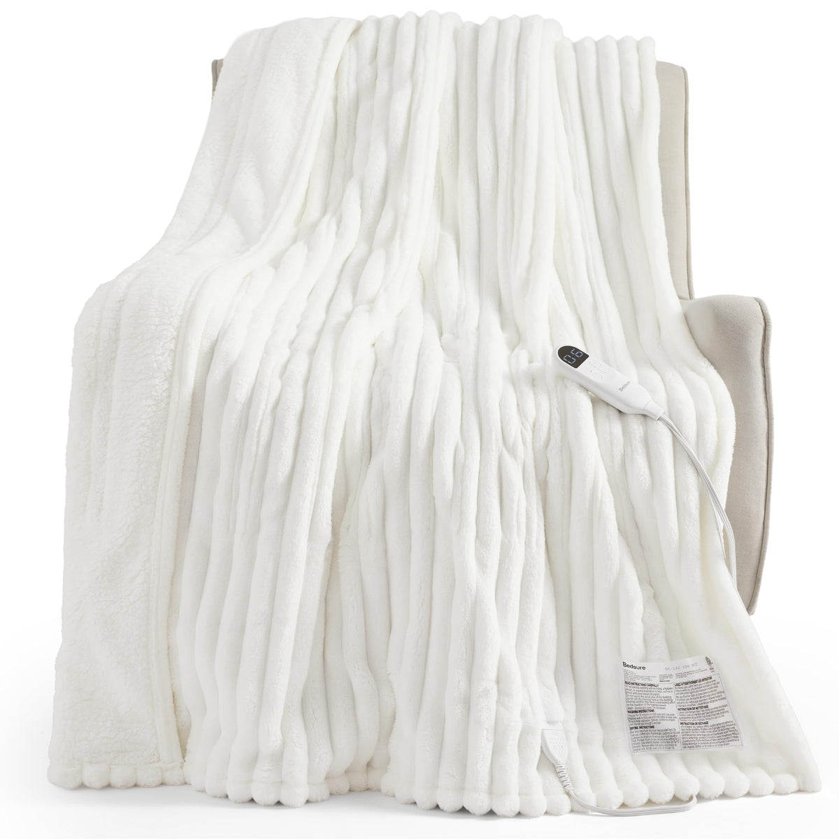 Bedsure Heated Blanket Electric Throw - Thick Striped Fast Heating Electric Blanket with Preheat Function, 6 Heat & 6 Timer (Up to 10H), 8H Auto Off, ETL Certified, Gifts for Women (50"x60", White)