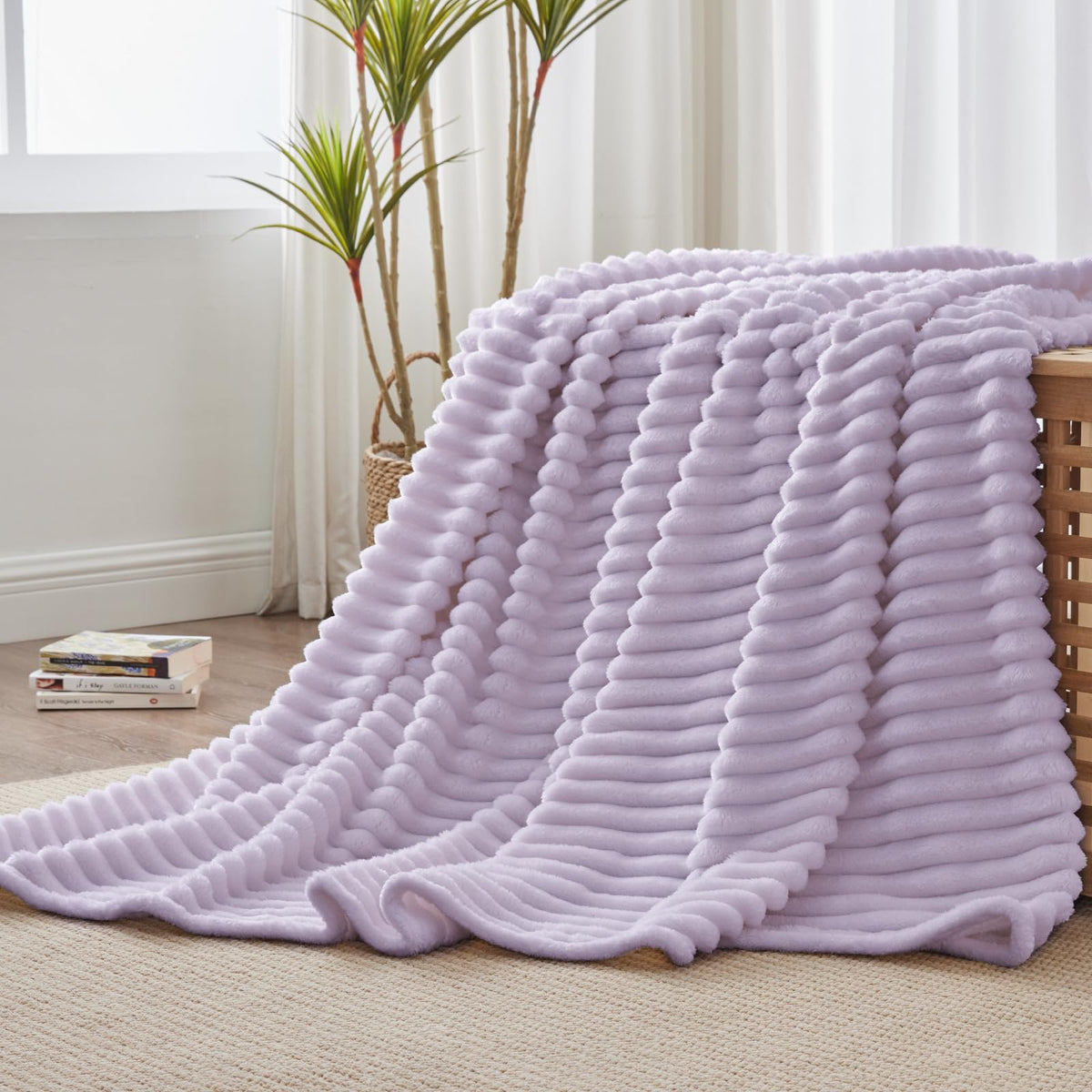 BEDELITE Ribbed Fleece Throw Blanket for Couch, Cream, 50"x60"